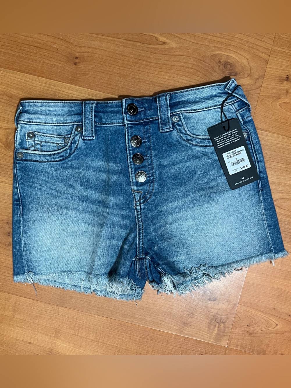 True Religion Maisie high rise button fly low cut frayed hem shorts